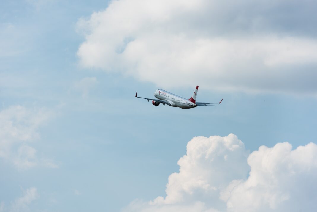 airplane in flight after taking off from airport